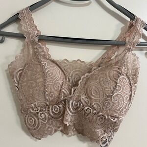 Sheer Lace Longline Bralette Crop Top‎ XS Beige Padded Coquette Ballet Romantic